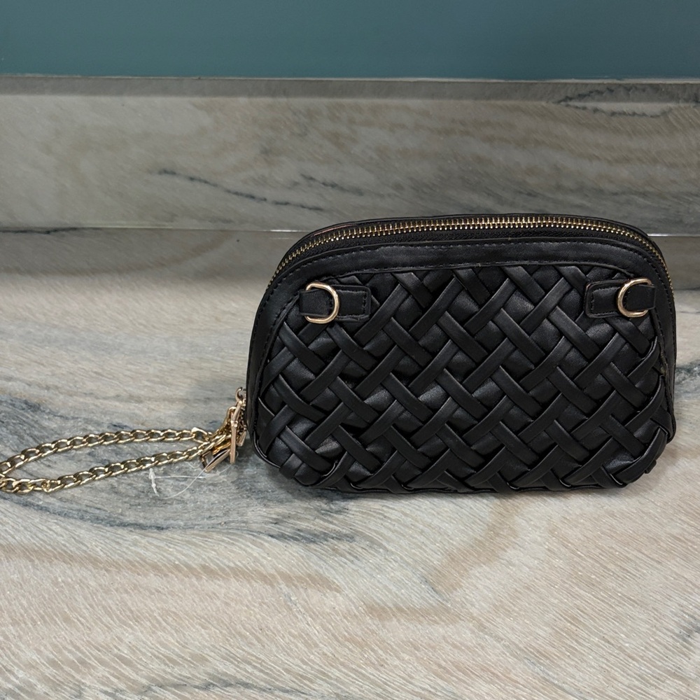 Black Woven Mini Wristlet Crossbody Bag with Gold Chain
